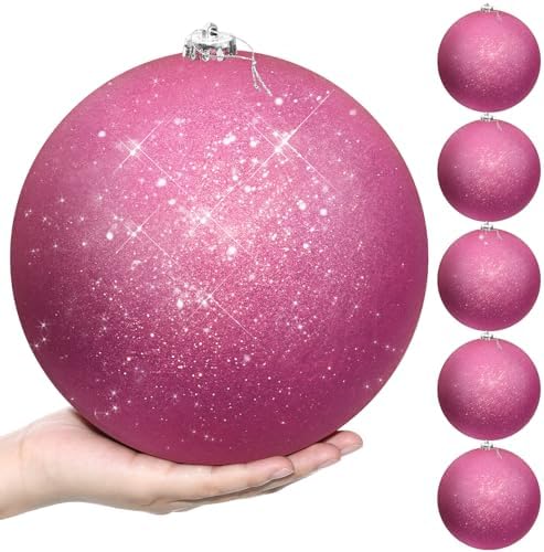 Zubebe 6 Pcs 8" Jumbo Christmas Ball Ornaments Lawn,Pink Glitter