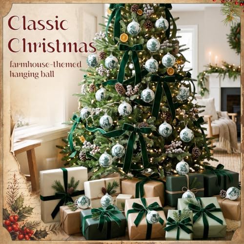Outus 16pcs Green Vintage Toile De Jouy Christmas Ball Tree Ornaments