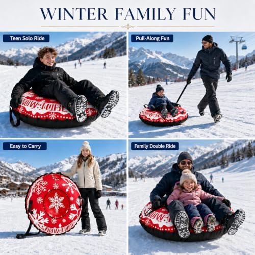 Snow Tube, 44-Inch Heavy-Duty Inflatable Snow Sled for Adults Premium Canvas Cover with Reinforced PVC Bottom