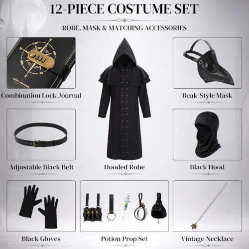 Adult Plague Doctor Costume Set for Men Renaissance Medieval Costumes with Accessories for Halloween Cosplay