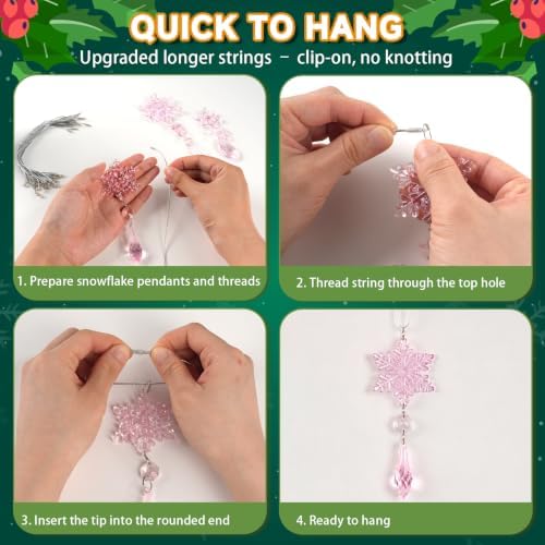 36pcs Crystal Christmas Ornaments for Tree Decorations, Pink Hanging Acrylic Snowflake Icicle Star Ornaments with Drop Pendants for Winter Wonderland Chandelier Crystals Decorations Supplies