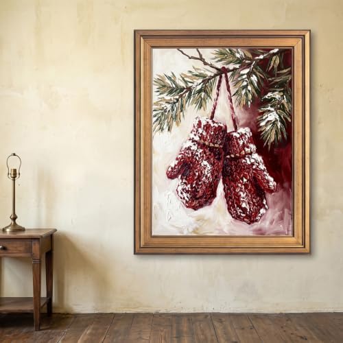 Framed Canvas Wall Art Painterly Winter Mittens on Pine Branch Red and White Snow Texture Canvas Print Poster Gold Frame Wall Decor for Living Room Winter Season, Holiday Art - Inch 16x20