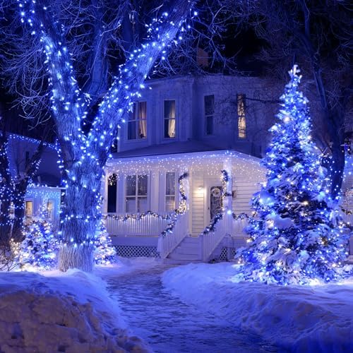 TW SHINE Christmas Lights, 600 LED 196FT Christmas String Lights Plug-in with 8 Modes Timer and Remote, Waterproof Outdoor Decorations for Bedroom Wedding Party Yard Tree Decor, Blue & White