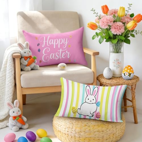 Easter Pillow Covers 12x20 Inch,Easter Decorations for Home,Set of 4 Happy Easter Hunny Bunny Pink Blue Decorative Throw Pillow Covers Spring Farmhouse Decor