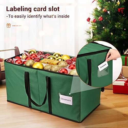 Christmas Ornament Storage Box, Mrrihand Xmas Decoration Organizer with Adjustable Dividers - Storage Container Keeps 128 Holiday Ornaments 3-Inch, Dual Zipper Closure, 600D Tear-Proof Material(Green)