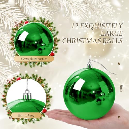 Jenaai 12 Pcs Large Green Christmas Ball Ornaments, 4 Inch Big Oversized Shatterproof Christmas Tree Decorations Matte Glitter Giant Jumbo Plastic Hanging Baubles for Xmas Holiday Party Indoor Outdoor