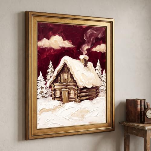 Framed Canvas Wall Art Expressive Winter Cozy Cabin Deep Red and Creamy White Impasto Canvas Print Poster Gold Frame Wall Decor for Living Room Rustic Art, Snowy Scene - Inch 24x36