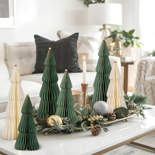 SUNBEAUTY 6 PCS Honeycomb Christmas Tree Thick Paper Christmas Tree 3D Christmas Table Decorations with Metal Ball White Green Xmas Decorations Minimalist Decor for Table Window Fireplace