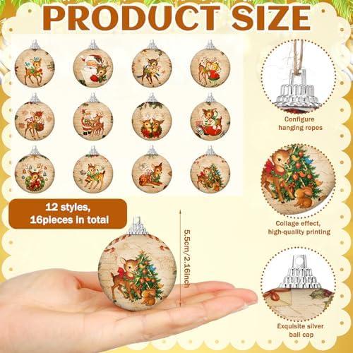 Outus 16 Pcs Christmas Tree Ball Ornaments Vintage Christmas Reindeer Decorations for Tree Colorful Xmas Decorative Hanging Ornaments for Farmhouse Home Fireplace Decoration Holiday Party Favors