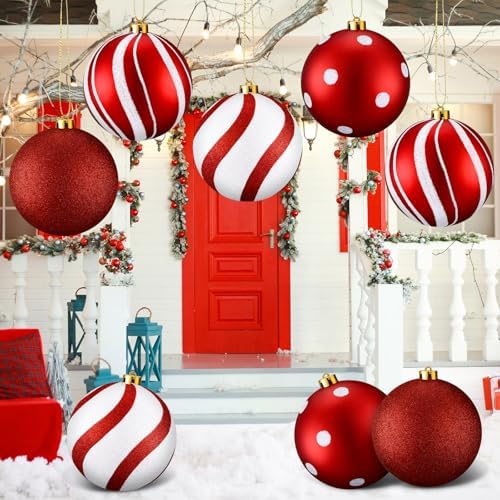 RoundFunny 8 Pcs 6 Inch Electroplated Christmas Ornaments, Red and White