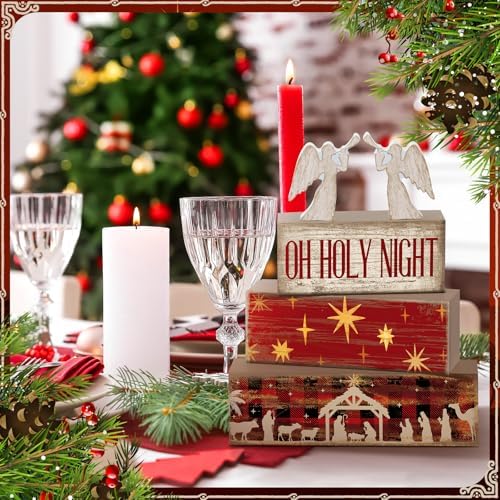 Moucuny 4 Pcs Christmas Table Decor, Oh Holy Night Wooden Sign