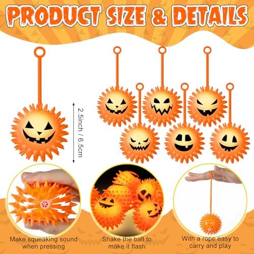 Sotiff 60 Pcs LED Halloween Bouncy Balls Spiky Squeaky Stress, Pumpkin