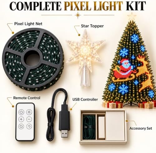 Animated Pixel Christmas Tree Lights with Star Topper & Remote