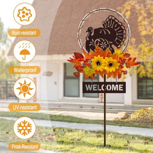 Thanksgiving Turkey with Welcome Sign,Solar Lights Outdoor Fall Decorations