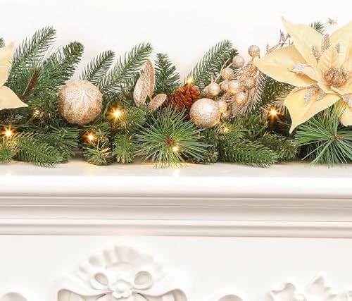 SHareconn 9FT Prelit Christmas Garland Decorations with Multi-Color LED Lights, Battery-Operated Timer, Lighted Garland with Ball Poinsettia for Mantle Table Fireplace Stairs Railing Indoor Decor