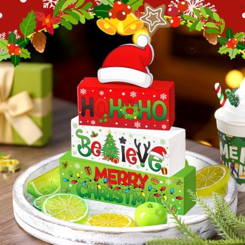 Moucuny 3 Pcs Christmas Wooden Stacking Blocks Farmhouse Table Decor