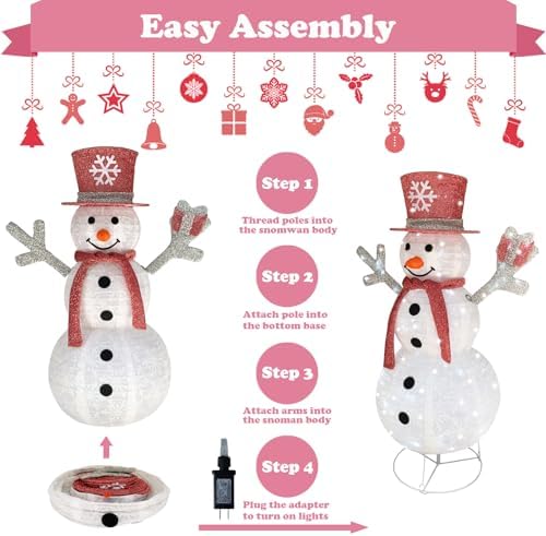 Outdoor Snowman Lighted, Pop-Up Snowman Outdoor Yard Holiday Decorations Prelit 100 Lights, Collapsible Lighted Snowmen Wear Scarf and Hold Light Up Gift Box for Pink Christmas Décor-Pink