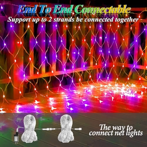 Lovelite 510LED Halloween Net Lights, 28ft x 5ft Outdoor Mesh Lights Purple Orange Clear Wire, 8 Modes & Timer, Waterproof Connectable String Lights for Bushes Xmas Tree Garden Holiday Party