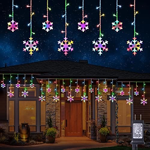 Christmas Snowflake Lights Outdoor, 17.22ft 264 LED Snowflake Icicle Lights with 22 Drops, 8 Modes connectable Plug In Christmas Light Waterproof for Eaves, Garden, Indoor & Outdoor Decor (Multicolor)