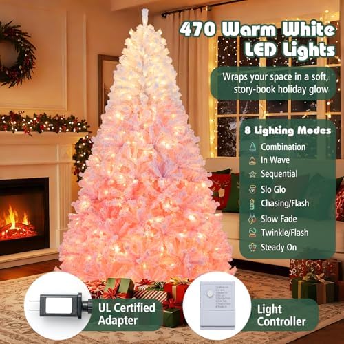 HAPPYGRILL 8 FT Pre-lit Flocked Christmas Tree Pink Hinged Xmas Tree with 1774 Branch Tips, 470 Warm White LED Lights & Folding Metal Stand, for Home Office Carnival