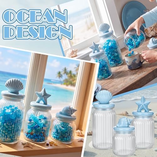 Mimorou 3 Set Beach Candy Glass Jars with Ceramic Lid 44oz 33oz 22oz Coastal Cookie Jar Airtight Glass Food Storage Container for Spring Summer Baby Shower Party Tea Snacks Sugar