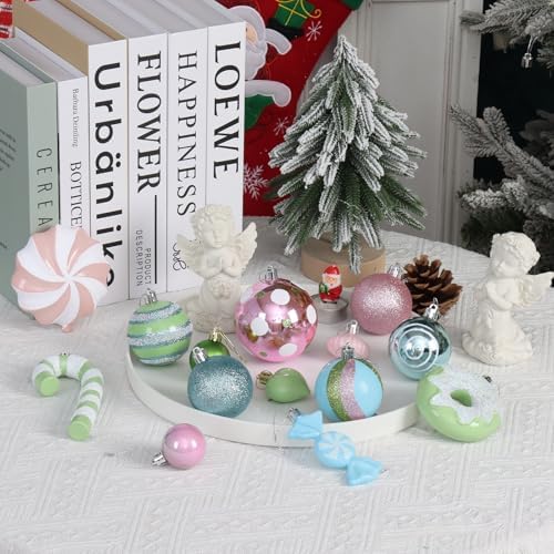 105Ct Pastel Christmas Ornaments Set Shatterproof Candy Theme Hanging Decorations for Xmas Tree, Donut Cane Assorted Ornaments for Holiday Festival Family Decor (Pastel)