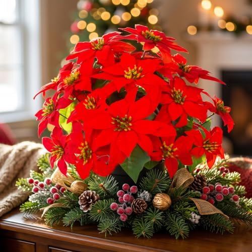 Daynight 2Pcs Artificial Poinsettias with Pots Christmas Flowers, 17.7"