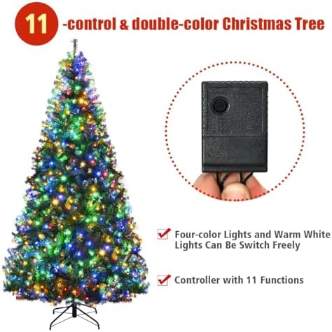 HAPPYGRILL 8FT Pre-Lit Christmas Tree with 2128 PVC Branch Tips and Foldable Base, Premium Artificial Spruce Tree Hinged Xmas Tree for Holiday Decor