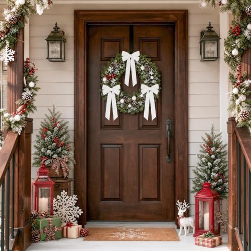 12Pcs White Velvet Ribbon Bows Christmas Tree Decorations,5in x 10in Xmas Ornaments for Tree Home Party Front Door Wreath Garland Holiday Decor