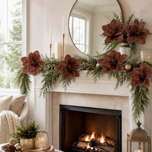 Thiccywoov 8 Pcs Large 12" Christmas Magnolia Flowers, Brown