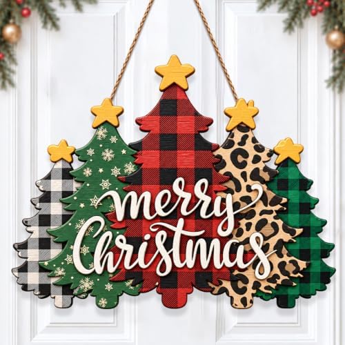 Christmas Decorations Plaid Leopard Christmas Tree Wooden Hanging Sign