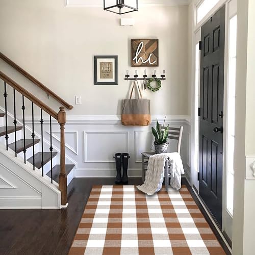 Homydecor Buffalo Plaid Outdoor Rugs, 4'x6' Coffe and White Checkered Area Rug, Layering Rug for Hello/Welcome Door Mat, Washable Cotton Woven Farmhouse Mat for Front Porch Décor