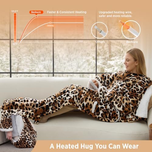 Bedsure Wearable Heated Blanket with Foot Pocket, 50x71+18", Leopard Print