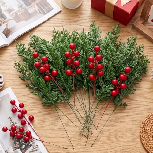 30Pcs Christmas Artificial Pine Branches with Red Berry Stems