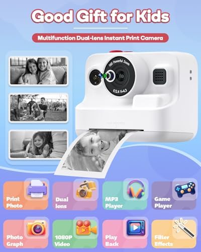 Dylanto Instant Print Camera for Kids,2.4 Inch Screen Kids Instant Cameras, Christmas Birthday Gifts for Girls Age 3-12, Portable Toddler Toy for 3 4 5 6 7 8 9 10 Year Old Girls Boys White