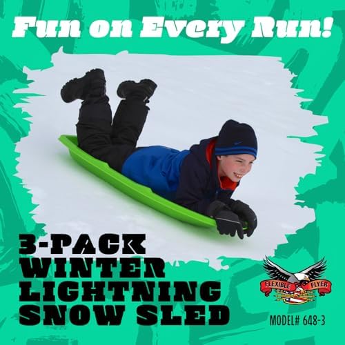Flexible Flyer Winter Lightning Snow Sleds for Kids and Adults (3-Pack) - 48 Inch Toboggan Style Plastic Sled with Hard Bottom for Fast, Smooth Rides - 1 or 2 Riders (Blue, Green, Orange)