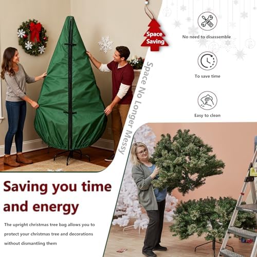 Upright Christmas Tree Storage Bag 9Ft,Christmas Tree Covers for Upright Storage for 8 Foot /9 Foot Artificial Christmas Trees with Ornaments,Equipped with Patented Support Rod Technology-Green
