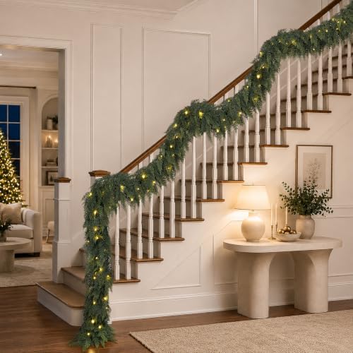 15FT Christmas Cedar Garland with Lights Prelit Pine Garland Decoration