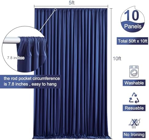 10 Panels Navy Blue Backdrop Curtain for Parties Wrinkle Free Photo Curtains Backdrop Drapes Fabric Decoration for Wedding Birthday Party Baby Shower 50ft(W) x 10ft(H)
