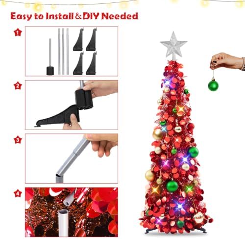 N&T NIETING Pop Up Christmas Tree with Lights & Ornaments, 3FT, Red