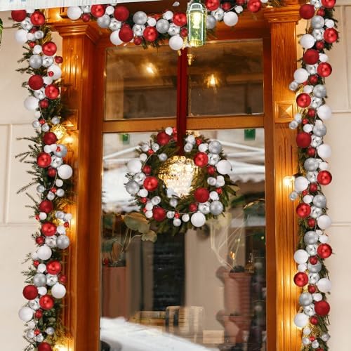 2 Pcs 6 ft Christmas Ball Ornament Garland, Red, White, Silver