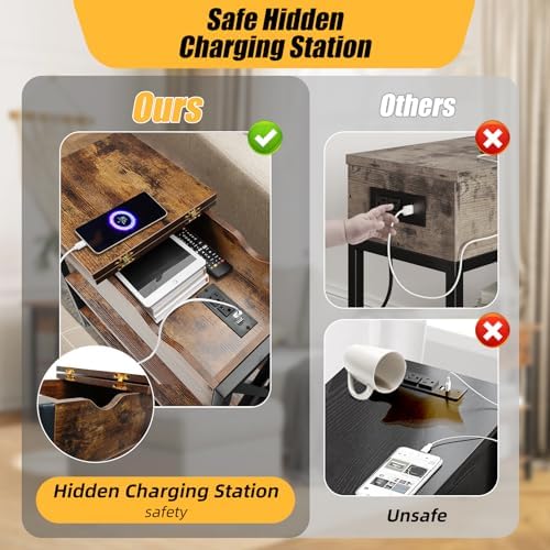 Flip Top End Table with Charging Station Set of 2, 12" D x 21" W x 26" H