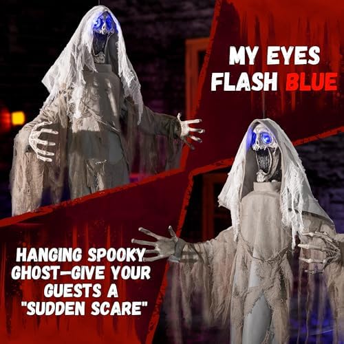 Halloween Animatronics Decorations Scary Hanging Ghost, 59'' Animated Halloween Skeleton Decor Motion Activated with Creepy Sound, Light Up Eyes, Party Decorations for Haunted House Indoor Outdoor