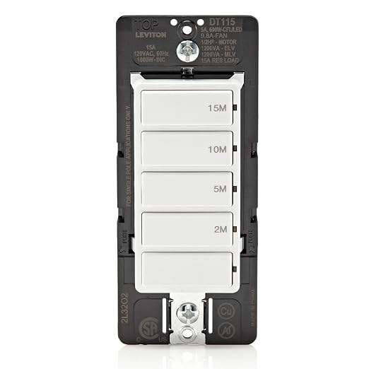 Leviton Countdown Timer Switch for bathroom fan and household lights, 2-5-10-15 min, No Neutral Required, Single Pole, 15A, 1/2 HP/9.8A Fan/Motor, DT115-1LW, White