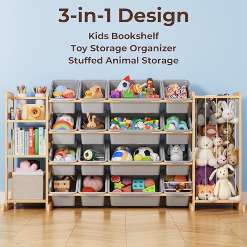 Toy Storage Organizer with Bookshelf and Stuffed Animal Storage - Kids Playroom Organization with 3 Shelves and 16 Toy Bins - Toddler Living Room Toy Box for Lego - Nursery Bedroom Decor Essential