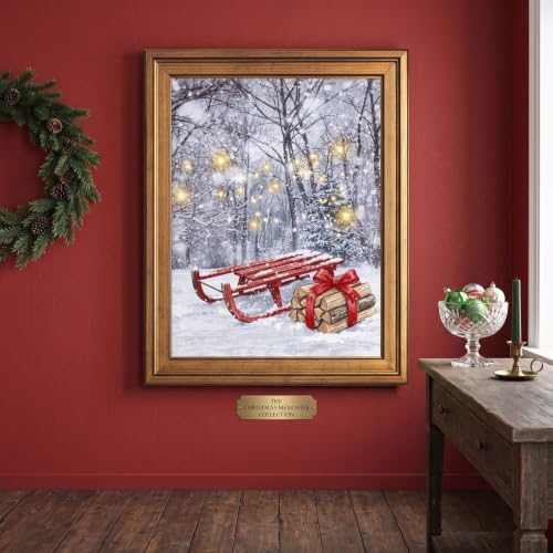 Framed Red Sled in Snowy Forest Art Print in Gold Frame Inch 16x20