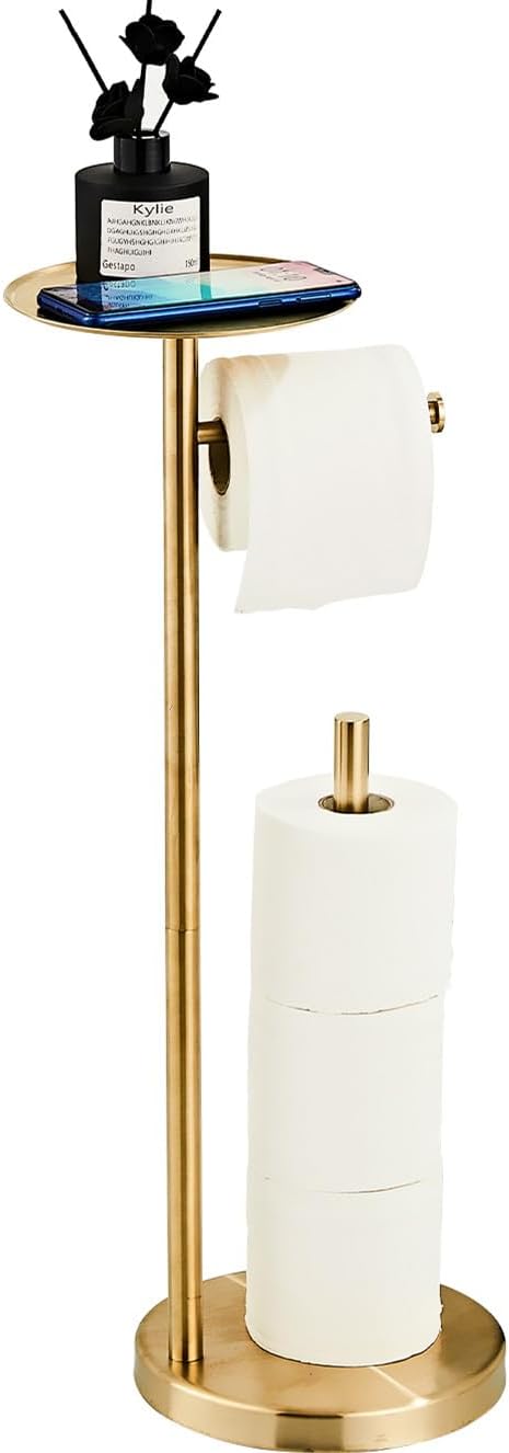 Toilet Paper Holder Stand Gold: Free Standing Tissue Roll Holder with Phone Shelf - Toilet Roll Dispenser Storages for 4 Rolls, Durable Stainless Steel for Bathroom