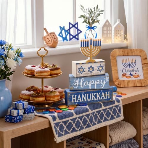 Lineshading 4 Pcs Hanukkah Table Decor for Home, Wooden Menorah Block Signs