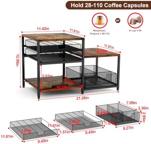 Coffee Station Organizer, Countertop Coffee Bar Holder with 3 Drawers,60 Compatible with K Cups Coffee Pods, Capsules, Rustic Storage for Tea Bags, Syrup Rack, Kitchen, Apartment, Home, Office