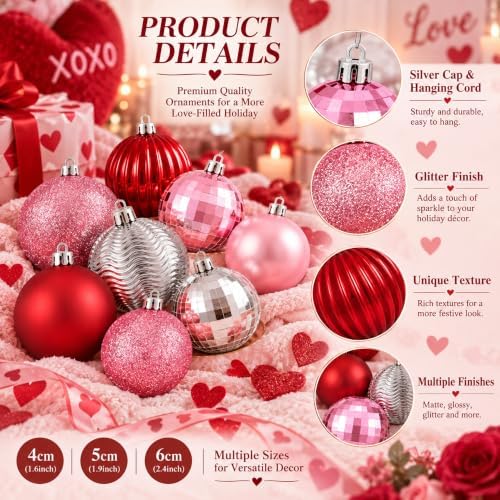 Lunmon 64 Pcs Pink and Red Silver Christmas Ornaments Glitter Xmas Bulbs